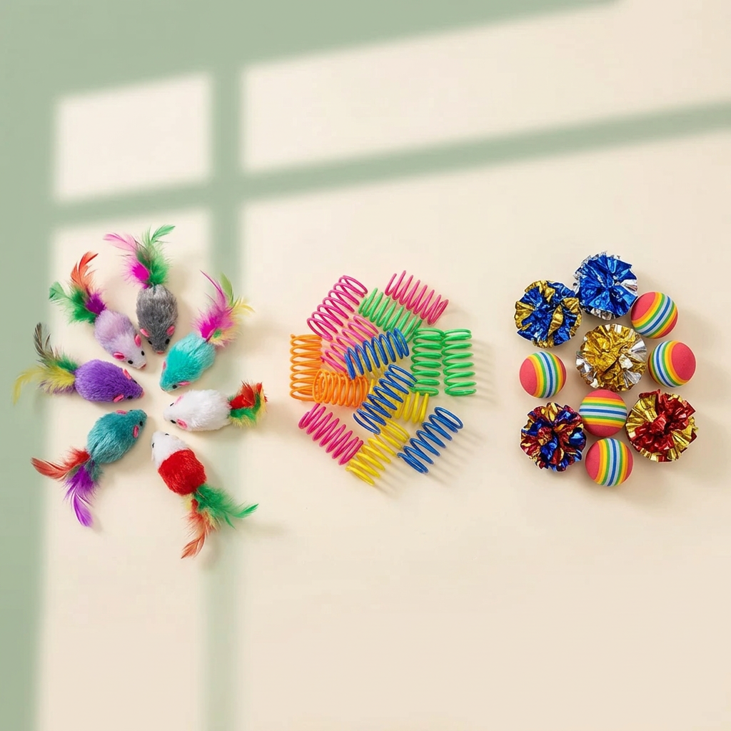Mouse toys springs and balls grouped as examples of the assortment