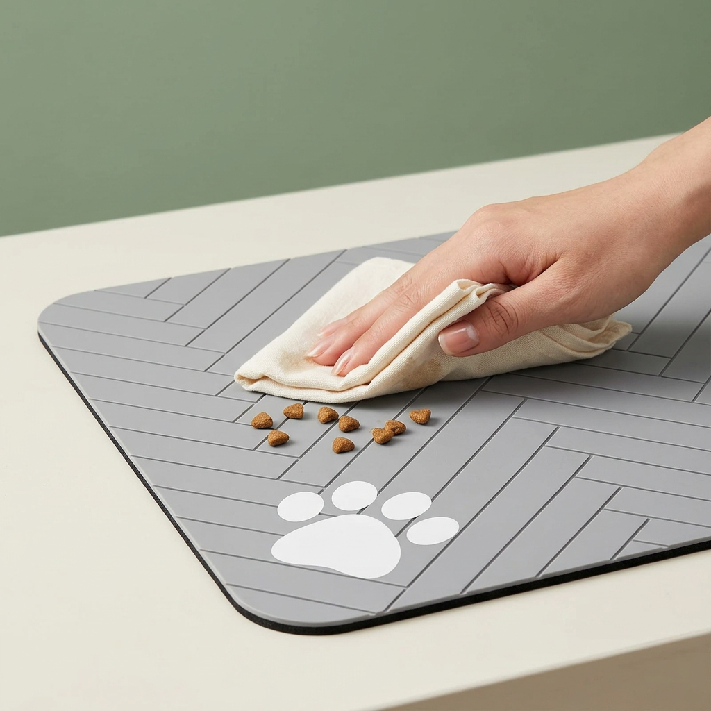 Wiping food crumbs from the grey feeding mat with a cloth