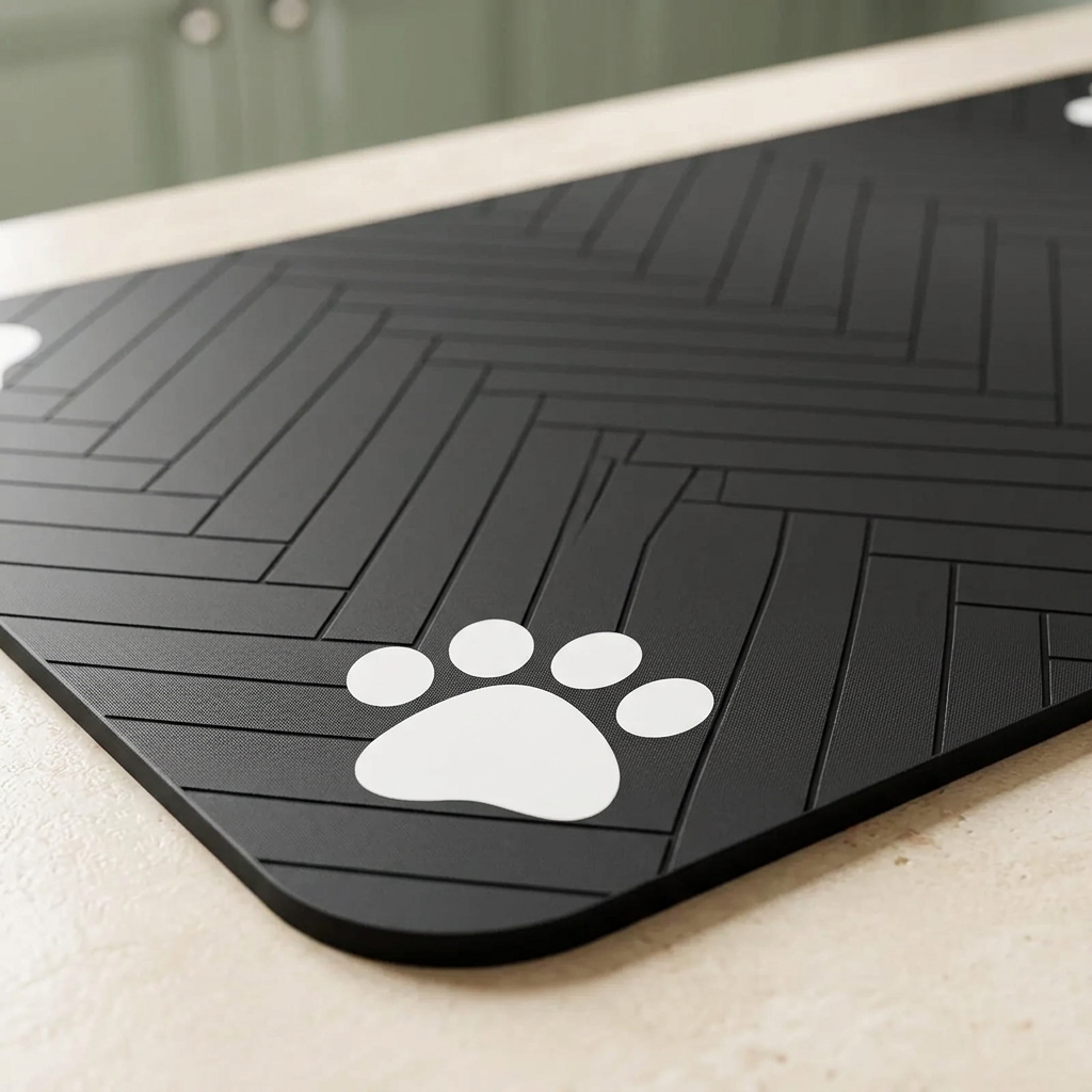 Close-up of black herringbone mat surface, paw print, and rounded edge