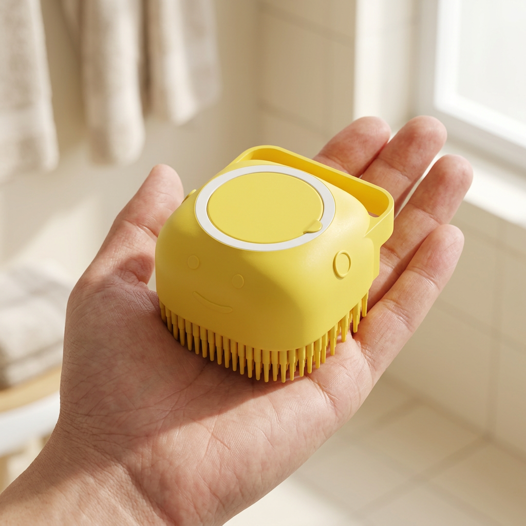 Compact yellow pet bathing brush resting in an adult hand