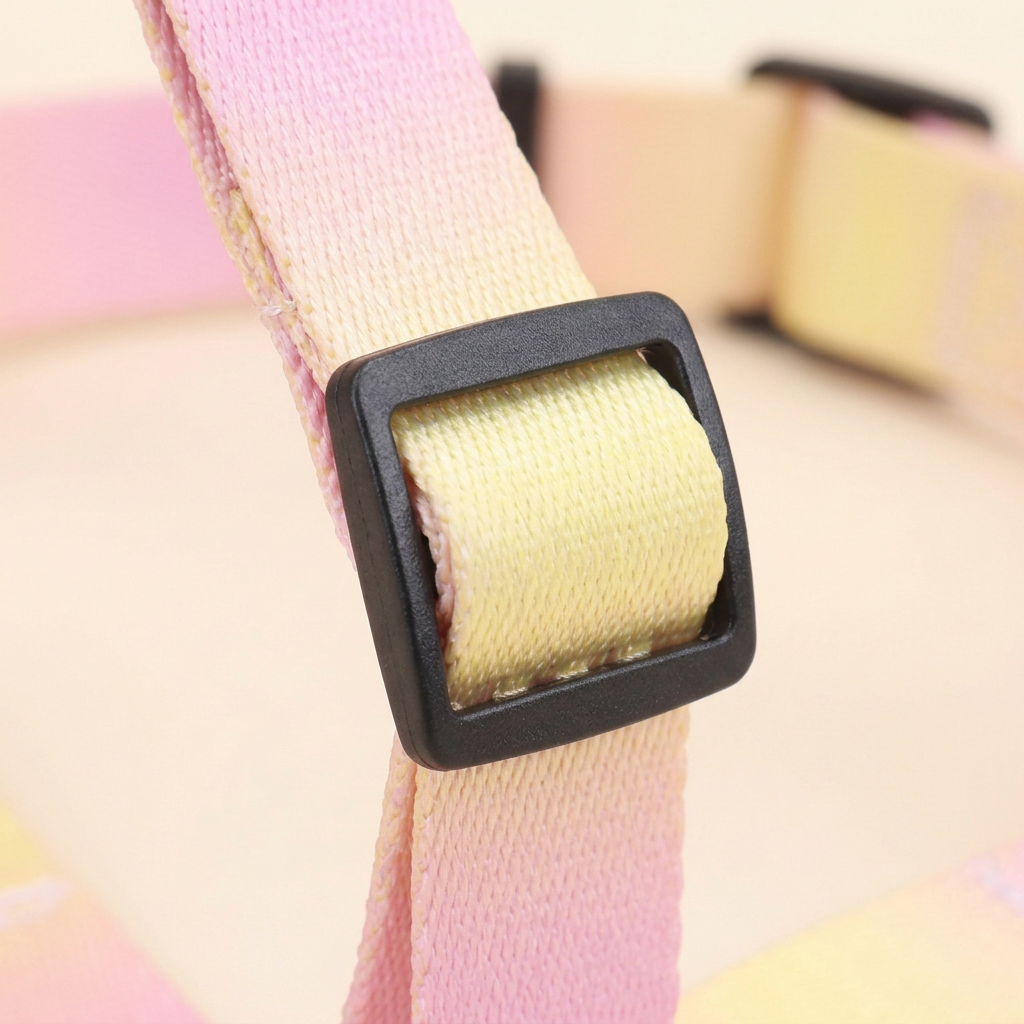 Close-up of pink-yellow woven strap and black adjustment slider