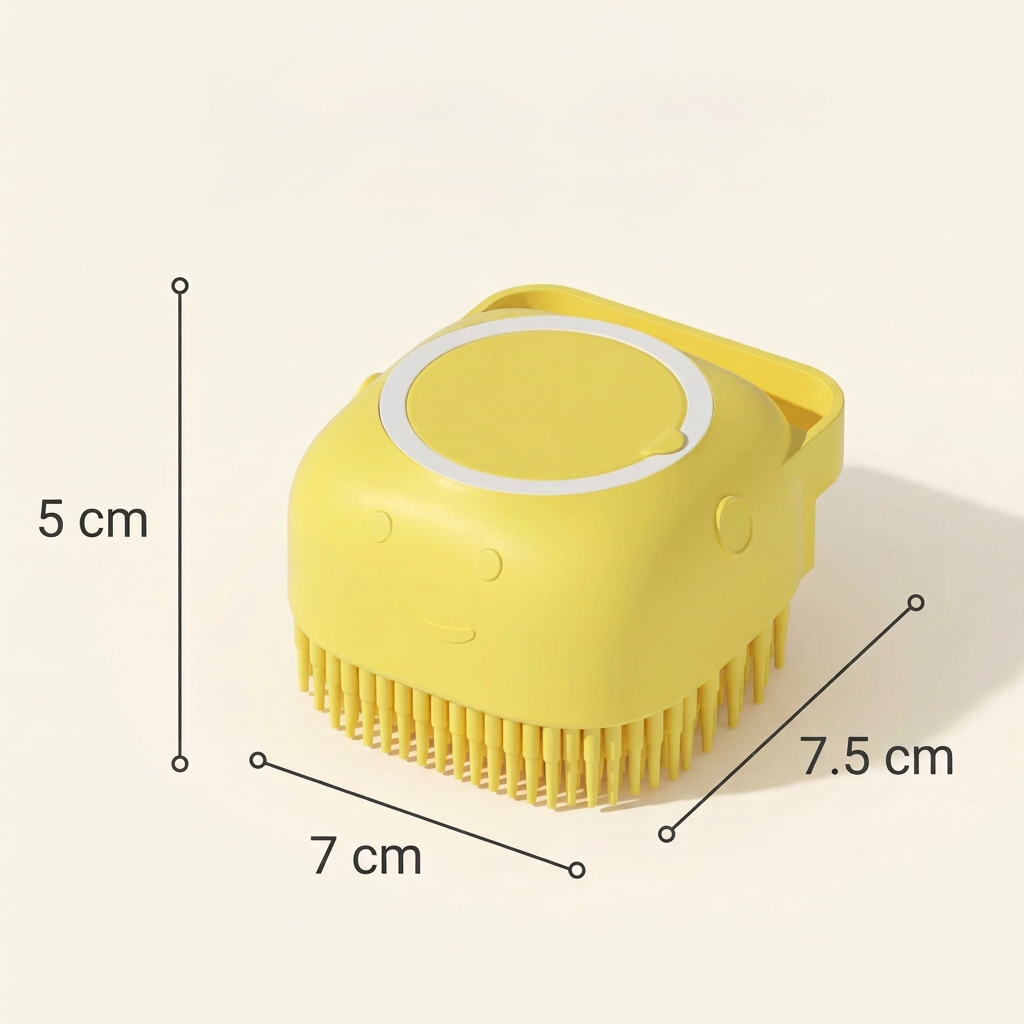 Yellow pet bathing brush with measurement lines showing 7.5 cm length, 7 cm width and 5 cm height