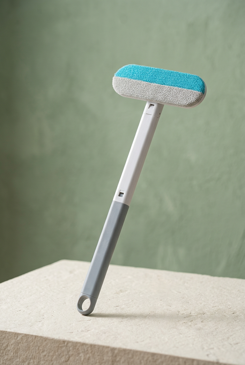 Portrait view of the complete pet hair brush against a sage backdrop