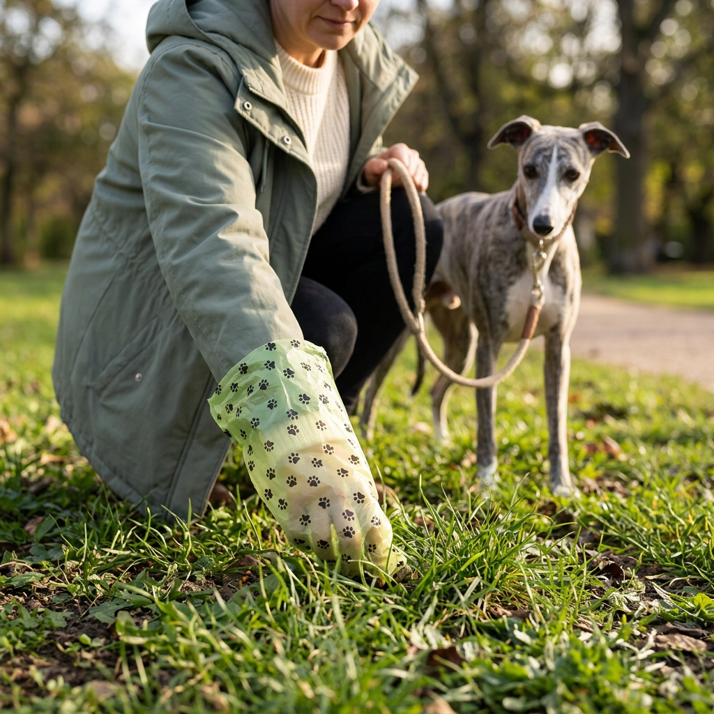 Adult using a green paw-print bag for cleanup while a whippet waits nearby