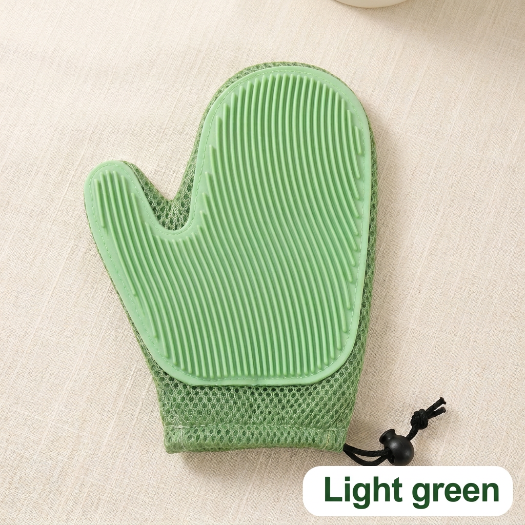 Light green grooming mitt with color label