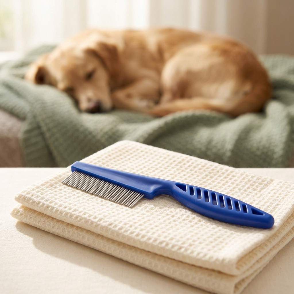 Blue handled flea comb on an ivory towel with a resting dog in the background