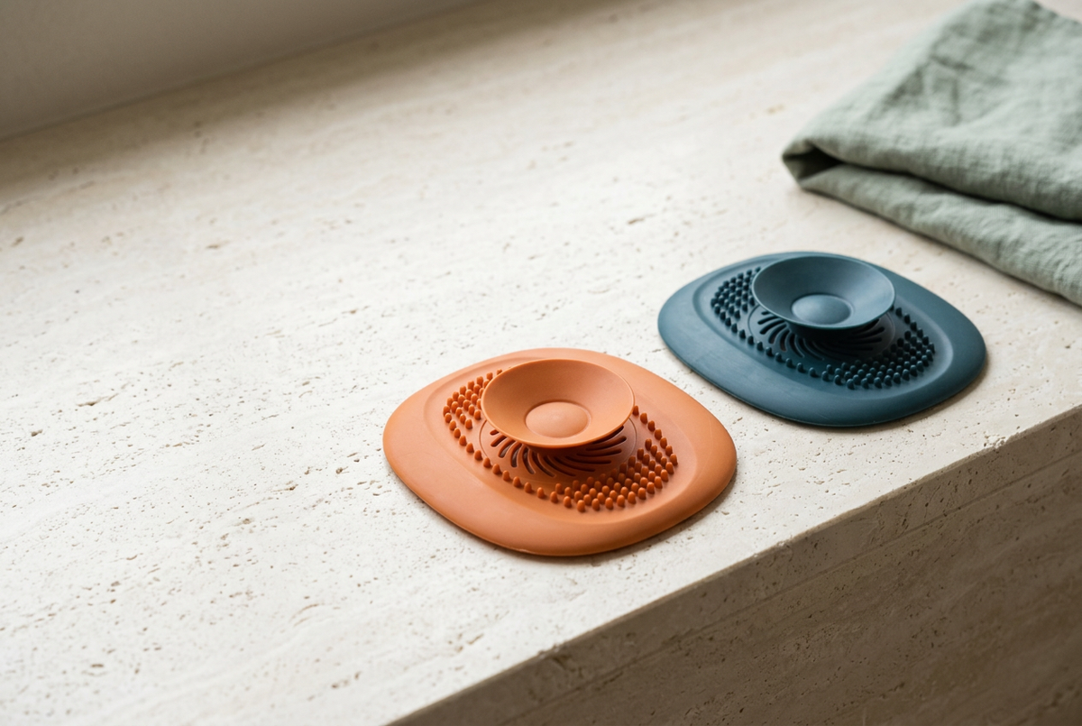 Wide view of orange and blue drain catcher color examples on an ivory ledge