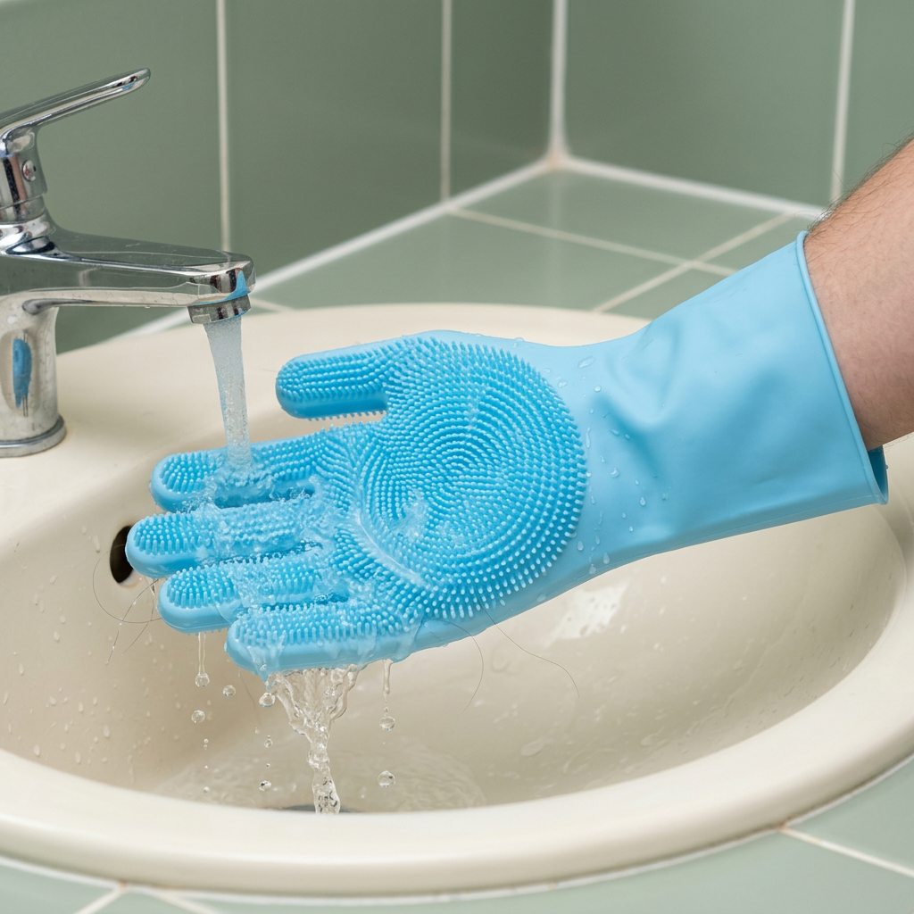 Blue grooming glove being rinsed under a bathroom tap