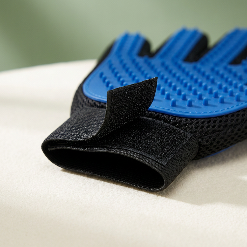 Adjustable black wrist strap on pet grooming glove