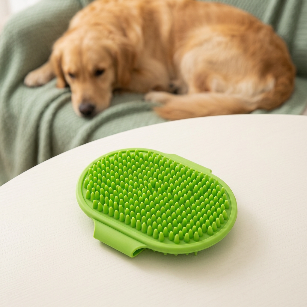 Green bath brush beside a resting dog