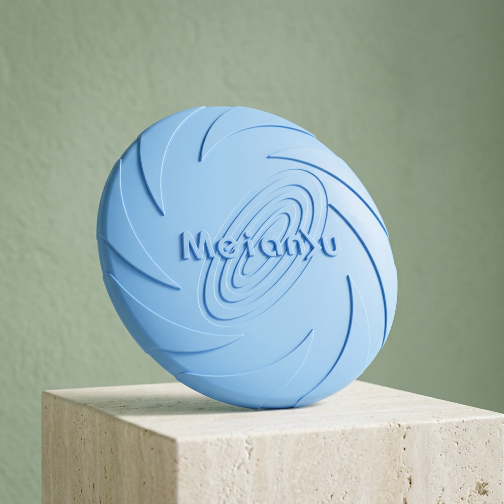 Blue flexible dog flying disc with curved grooves and embossed center