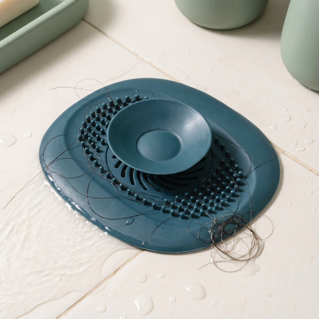 Blue drain hair catcher with wet hair strands caught around its raised nubs and drainage slots