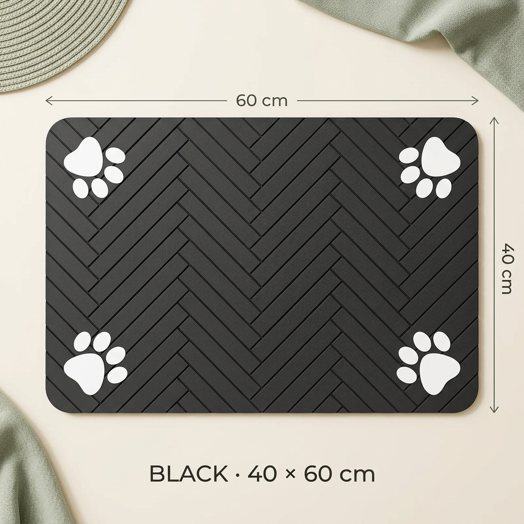 Black feeding mat size guide, 40 by 60 cm