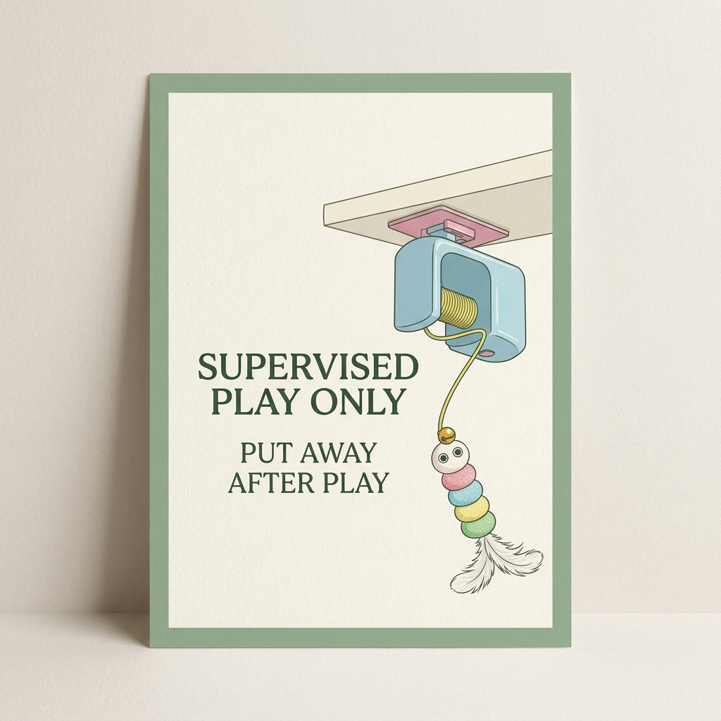 Hanging cat toy reminder: supervised play only; put away after play