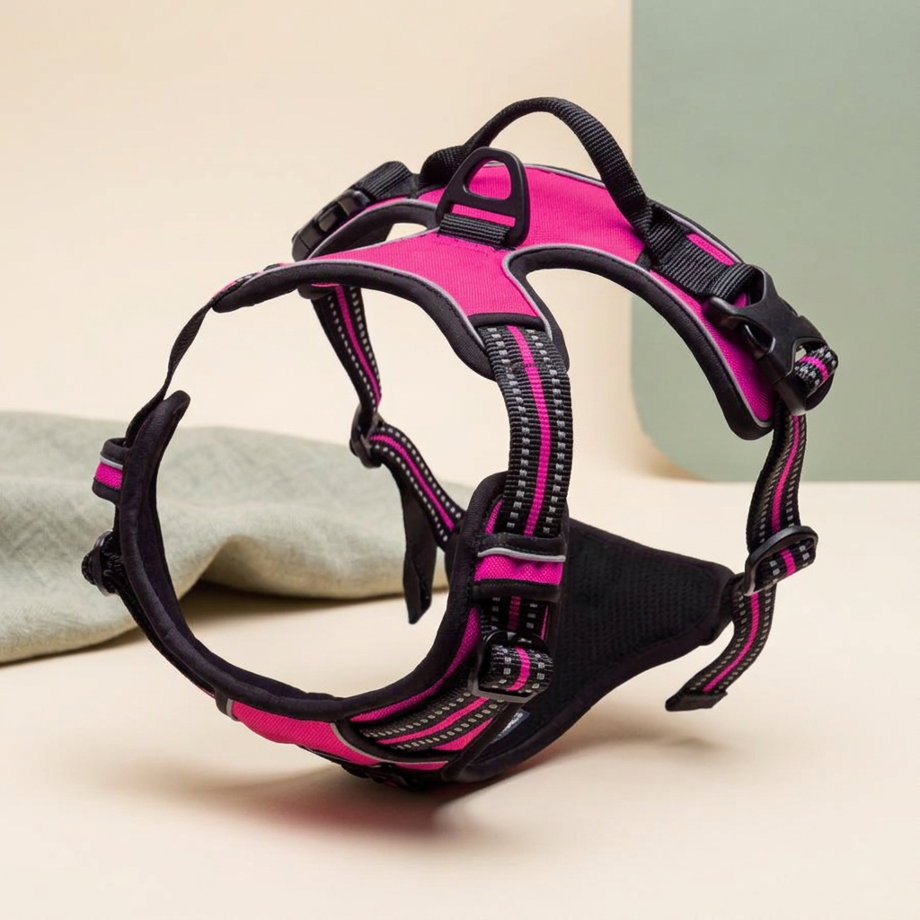 Rose red adjustable dog vest harness with black straps