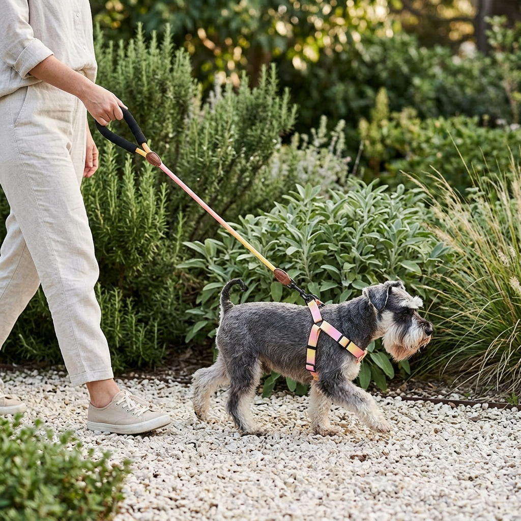 Miniature schnauzer walking in a pink-yellow harness with matching leash