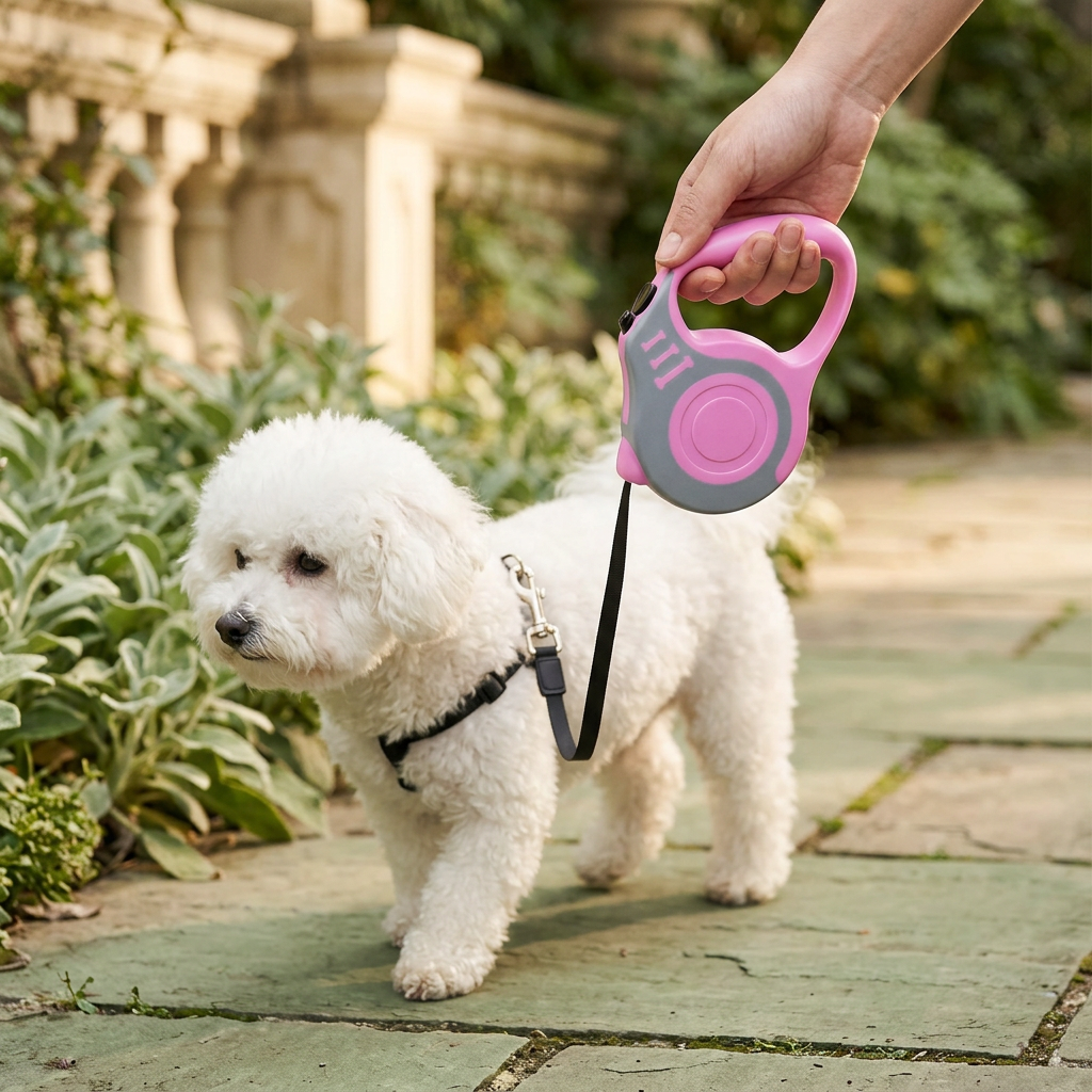 Rose pink and gray leash on a small dog's walk