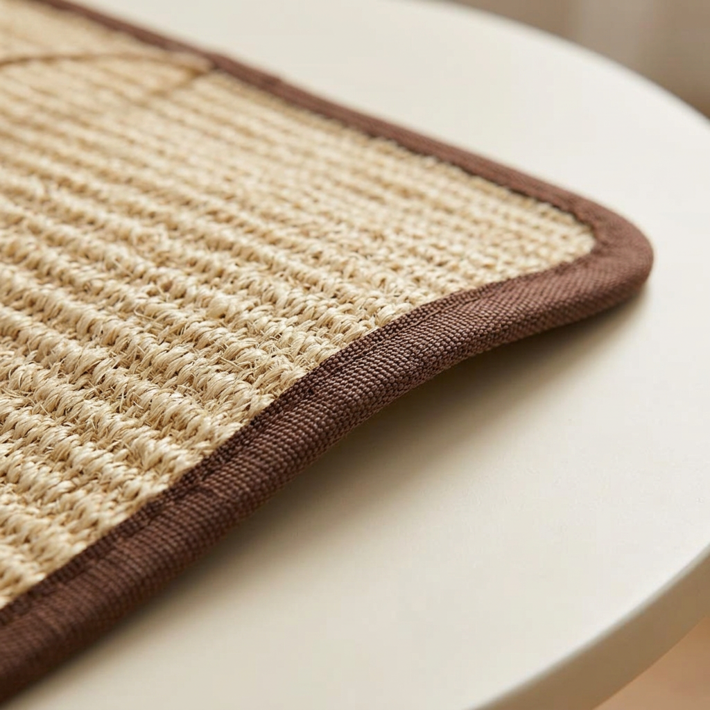 Close-up of coarse sisal weave and brown bound edge