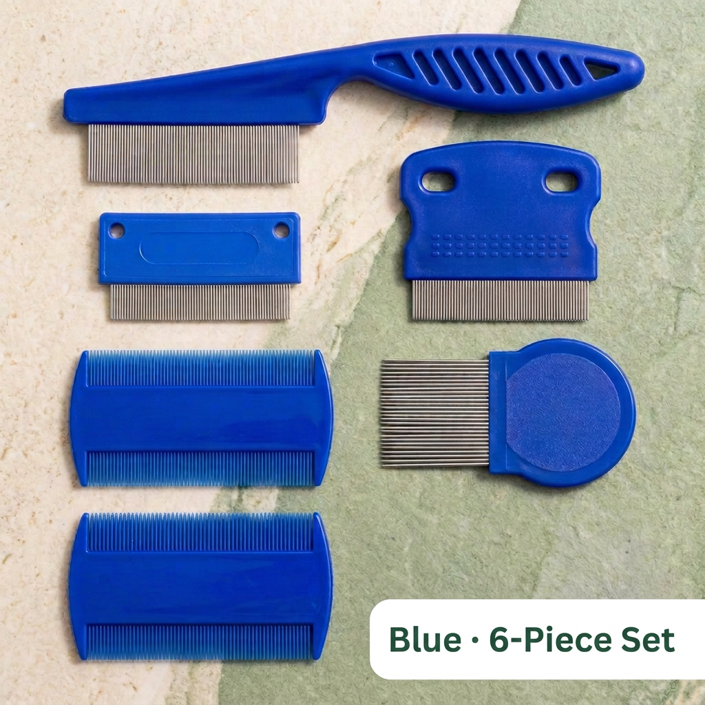 Blue 6-piece flea comb set with color and quantity label