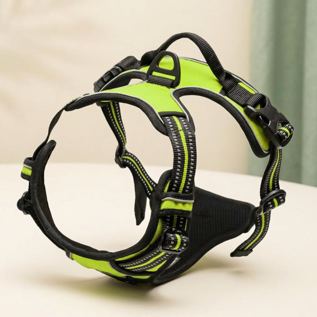 Green adjustable dog vest harness with black straps