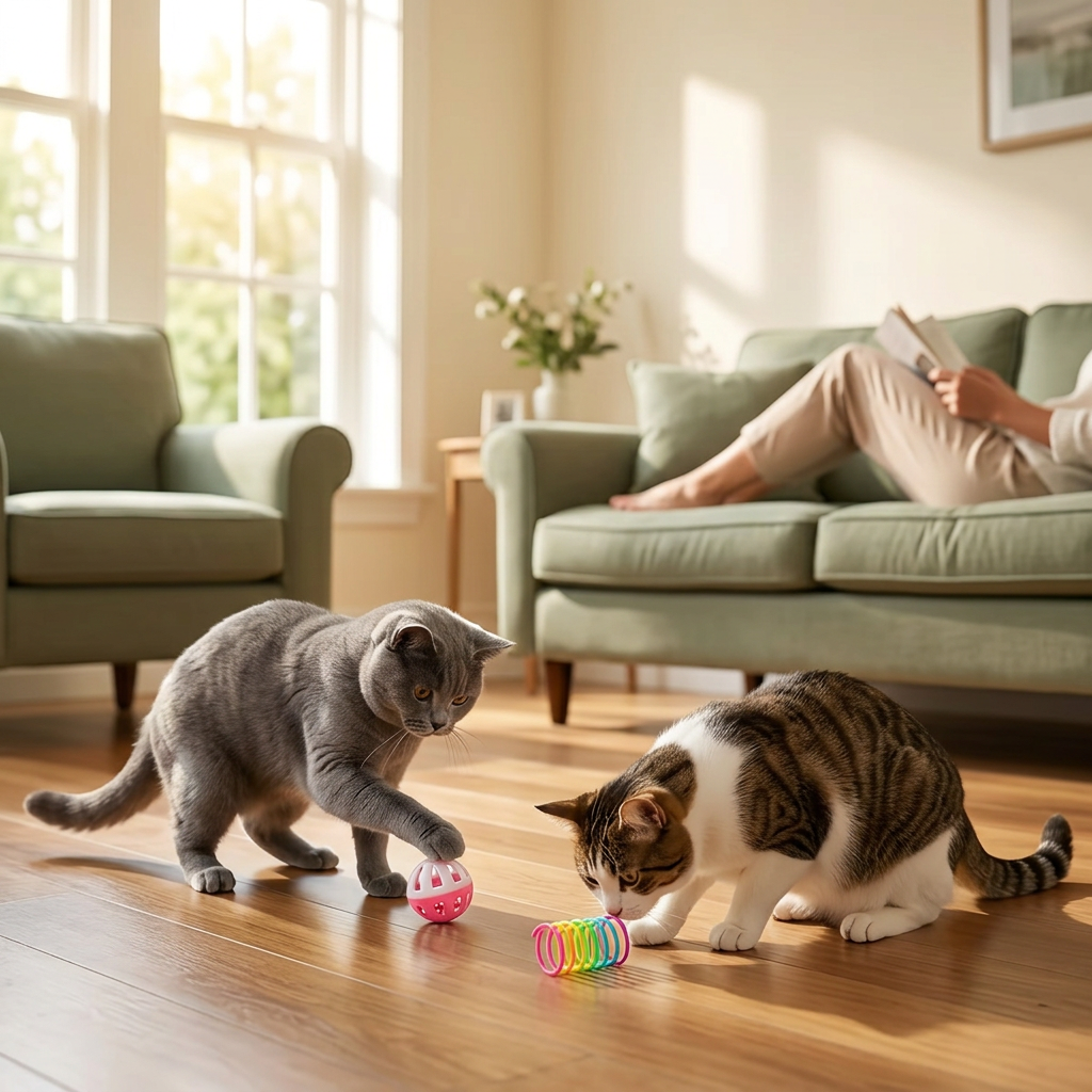 Two cats playing with a toy ball and spring