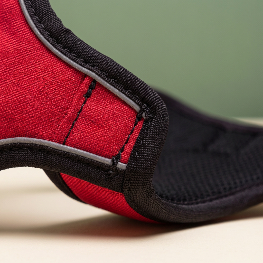 Close-up of red harness fabric, stitching and black edge binding