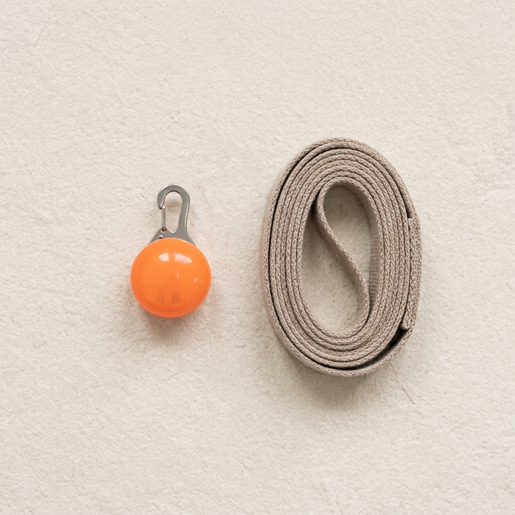 Orange LED pendant beside a coiled walking leash