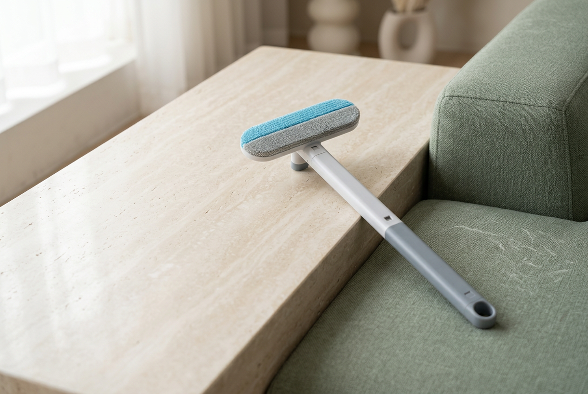 Wide view of the pet hair brush beside an ivory bench and sage sofa