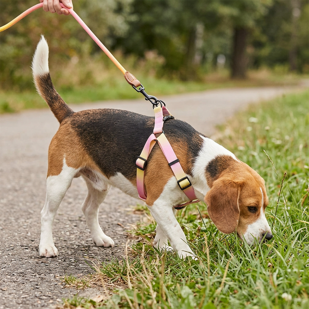 Beagle sniffing beside a path wearing the pink-yellow harness and leash