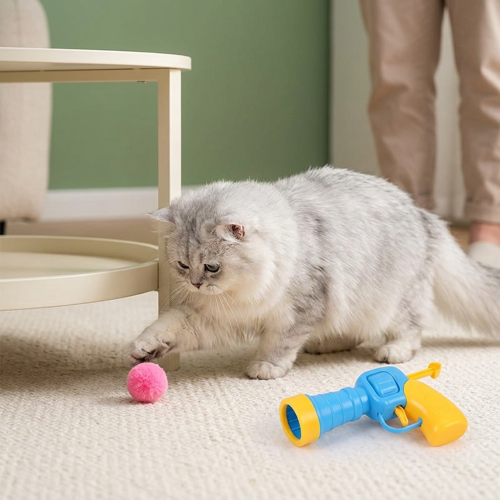 Silver Persian cat reaching for a pink pom-pom beside a table