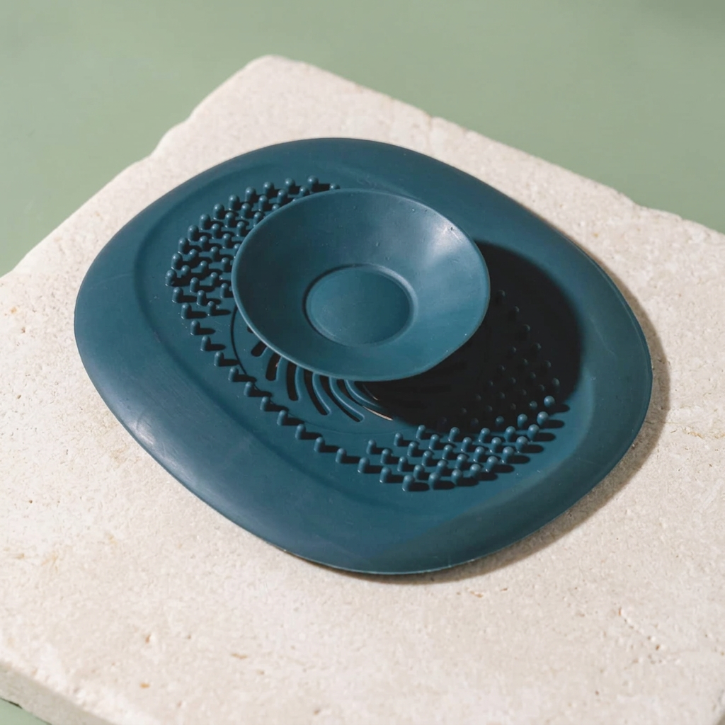 Blue drain hair catcher with raised nubs and central stopper on ivory stone
