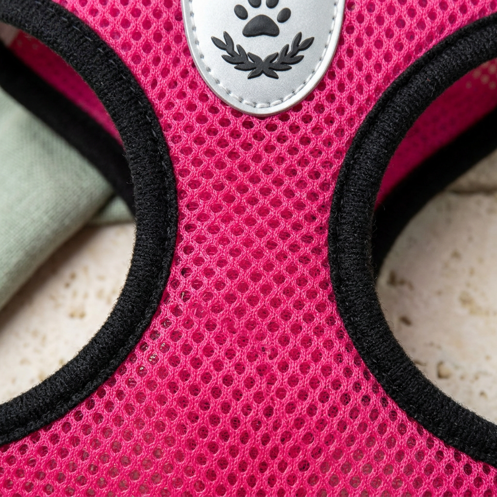 Rose Red mesh texture, black binding, and paw badge detail
