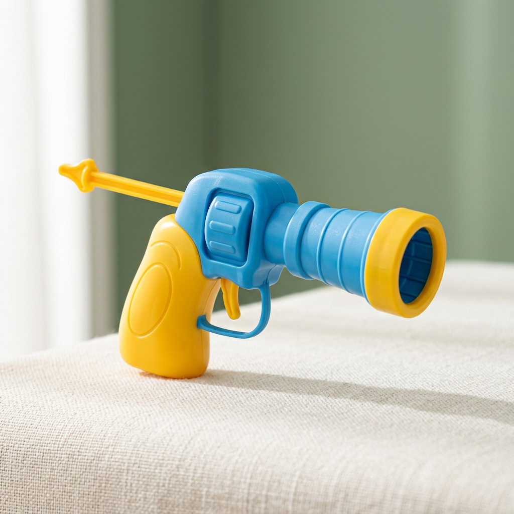 Side detail of the manual cat ball launcher showing its yellow grip and rear pull rod