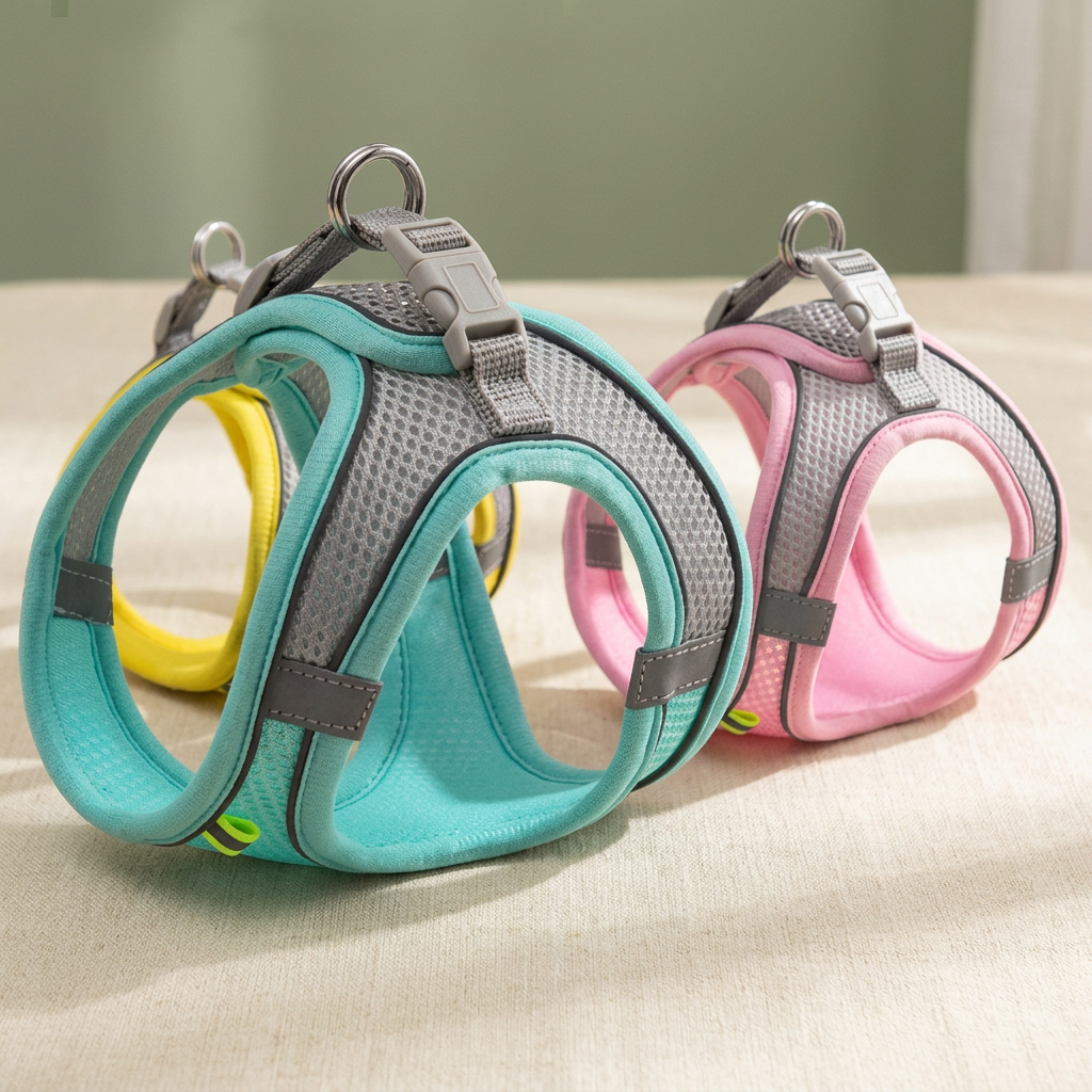 Turquoise, yellow and pink mesh pet harnesses arranged on an ivory surface