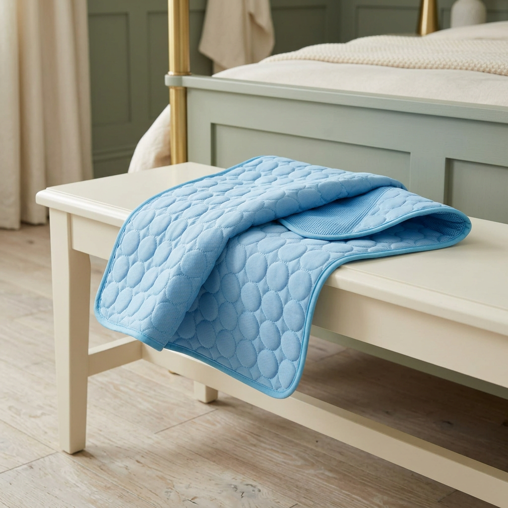 Flexible blue quilted mat folded on a bench