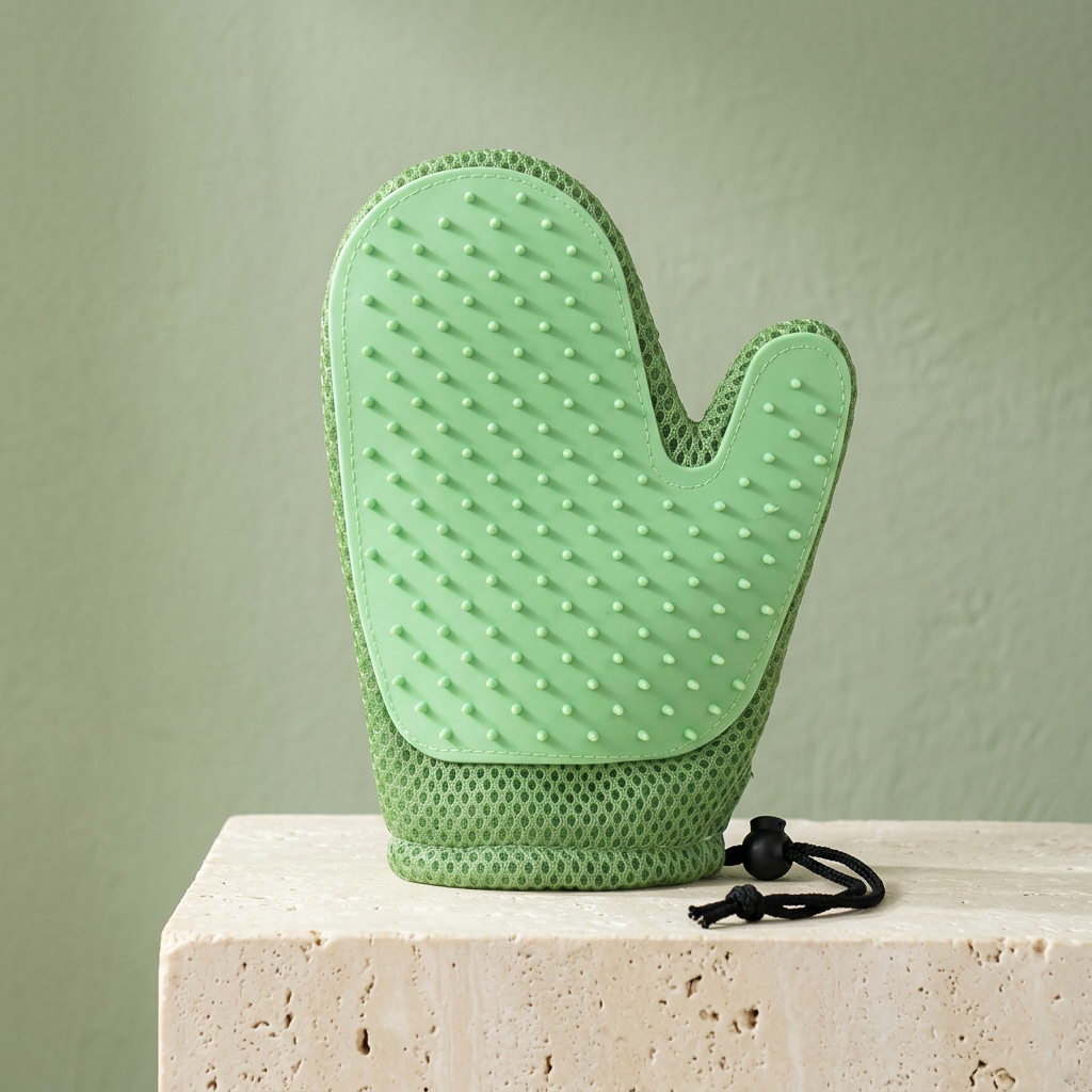 Light green pet grooming mitt with nubbed surface and drawstring cuff