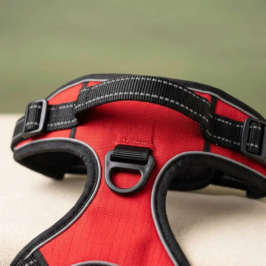 Close-up of red harness top handle and back leash attachment
