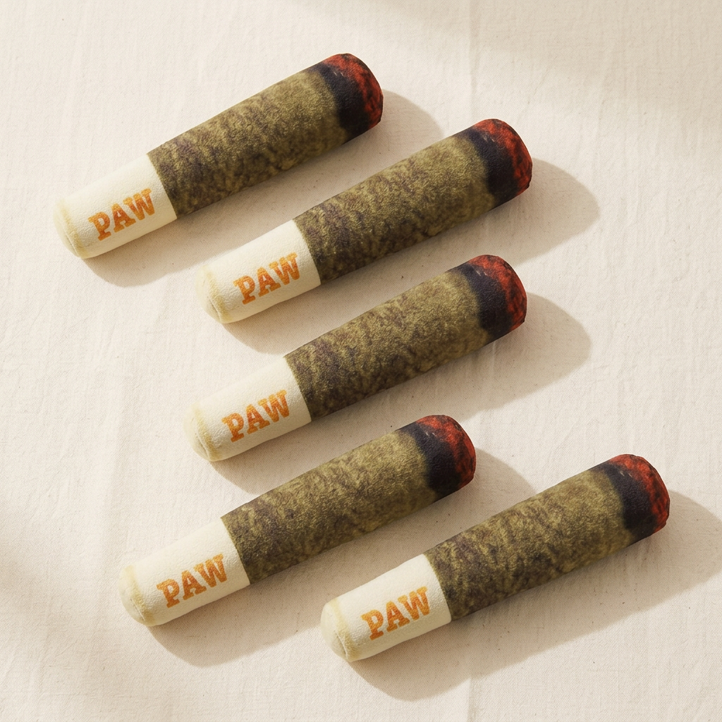 Five-piece set of identical PAW cigar-shaped plush dog toys