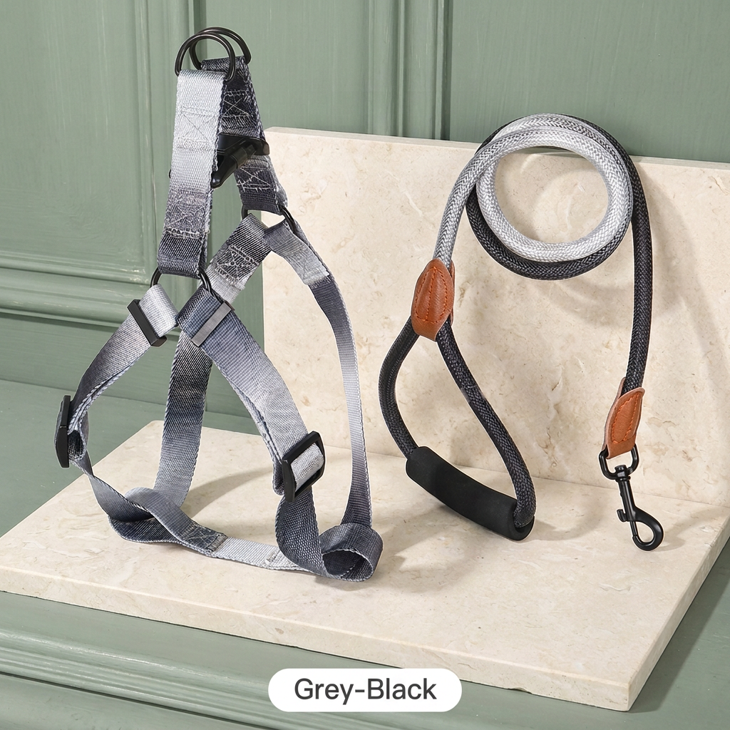 Grey-Black harness and matching leash with one color label