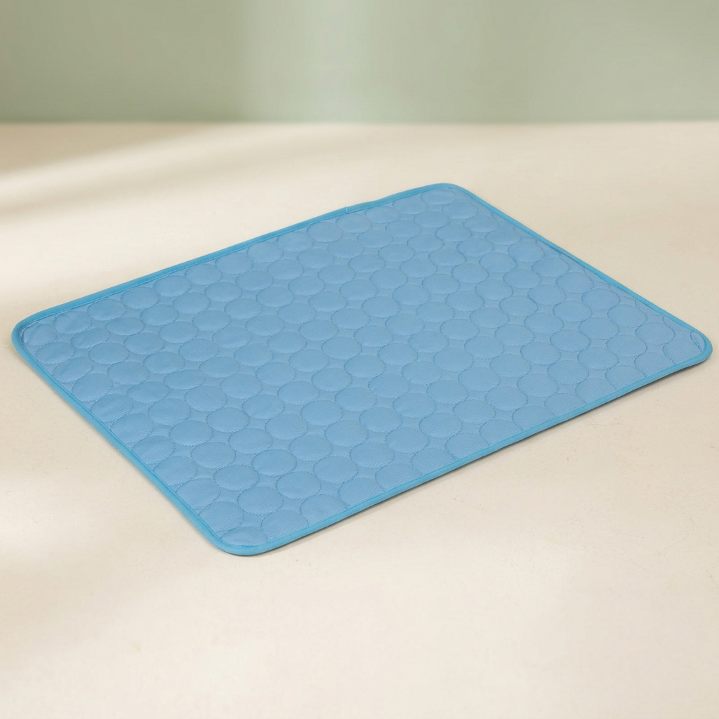 Blue quilted pet cooling mat on an ivory surface