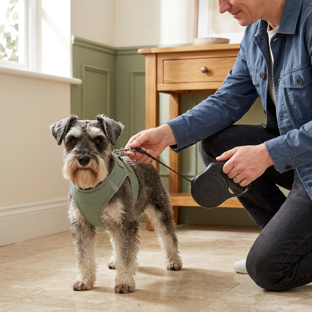 Owner attaching the black retractable leash snap to a Miniature Schnauzer's harness before a walk