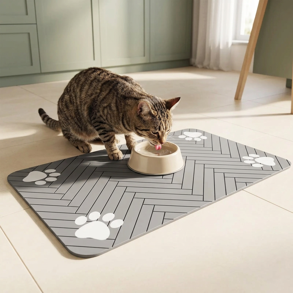 Cat drinking from a bowl on a grey feeding mat; bowl not included