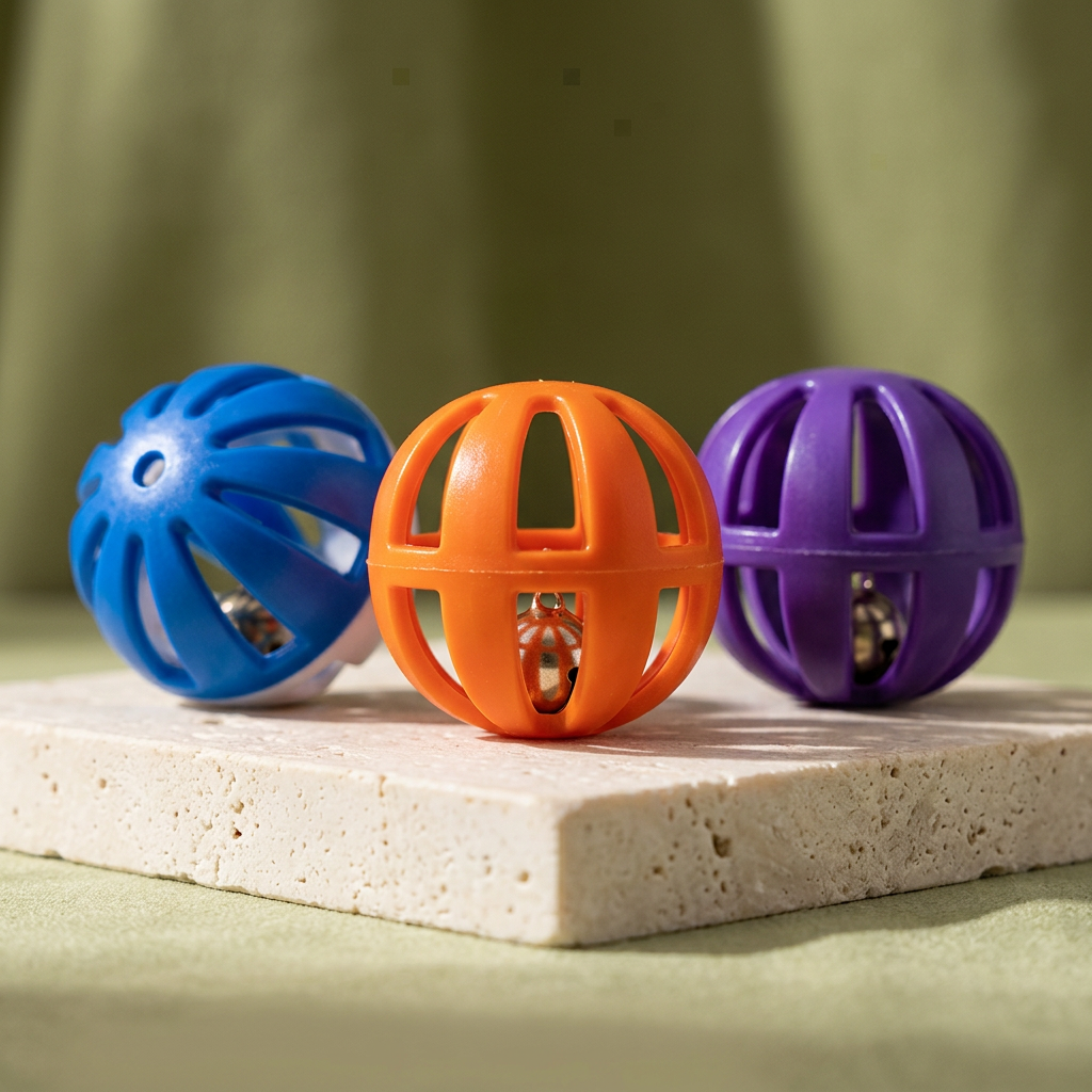 Close-up of colorful slotted cat toy balls