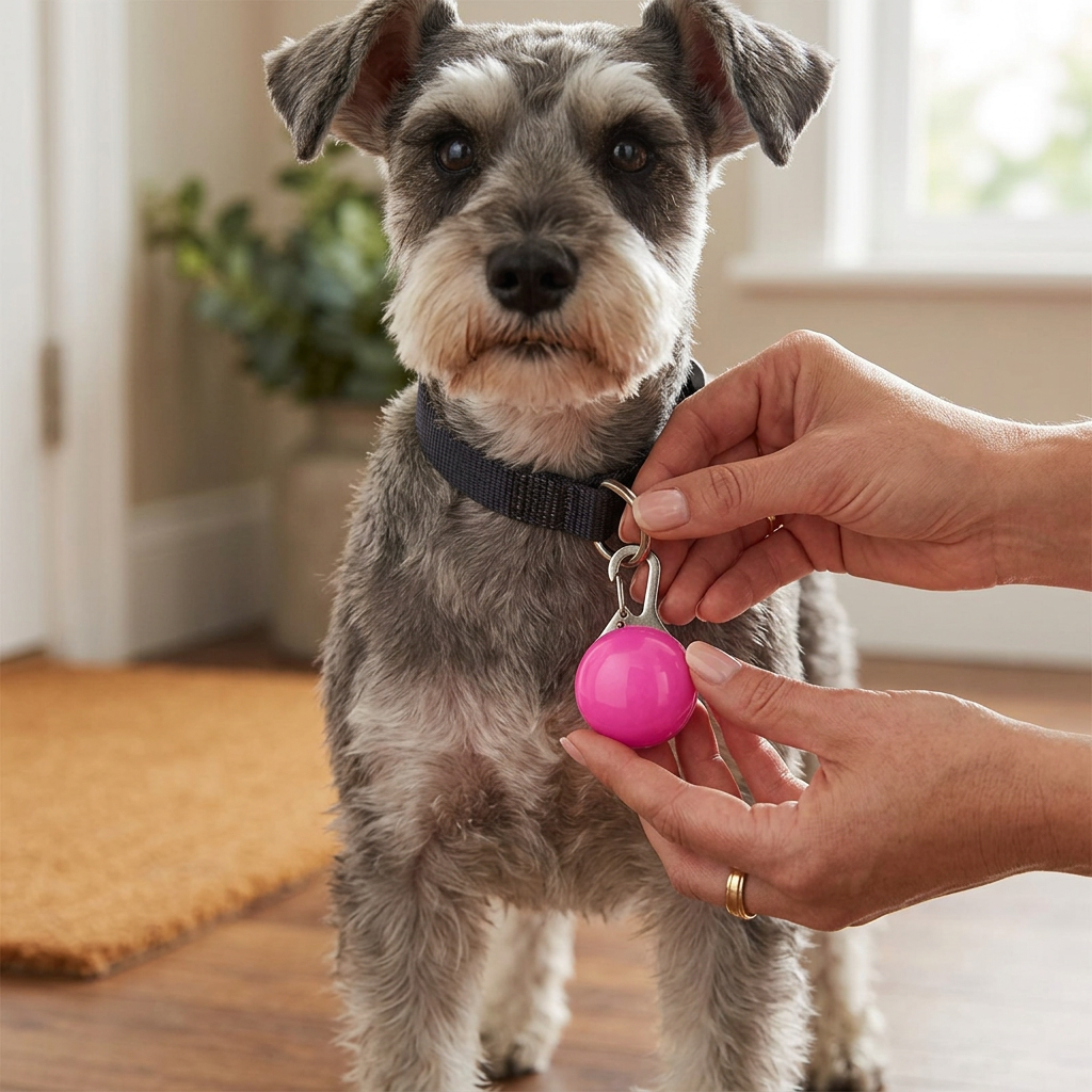 Pink LED pendant being attached to a Schnauzer collar