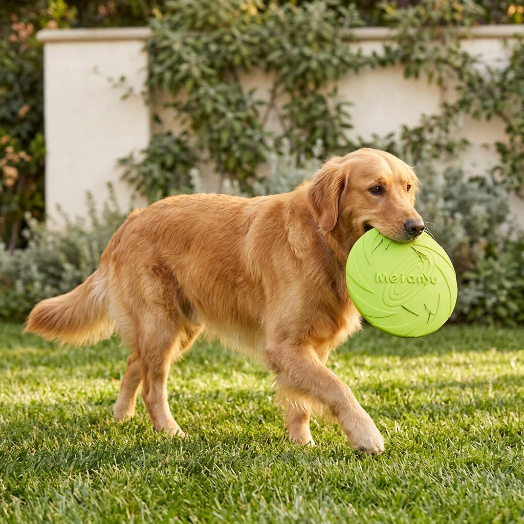 Golden retriever carrying a green flying disc outdoors