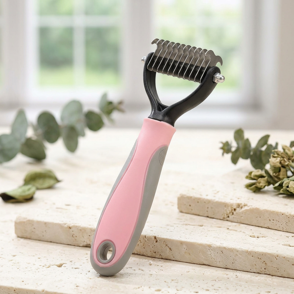 Pink small double-sided dog deshedding brush