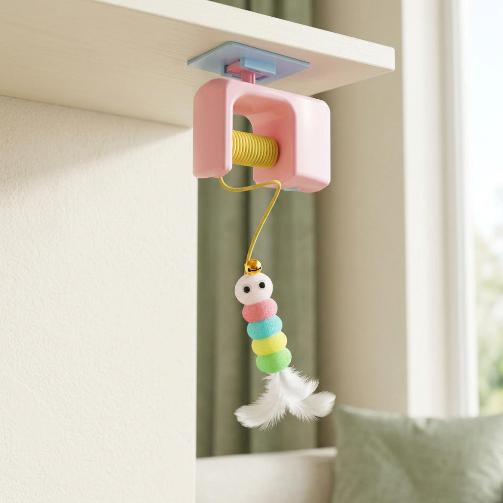 Pink hanging cat toy with blue mounting plate and caterpillar feather lure