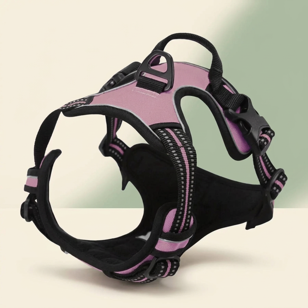 Pink adjustable dog vest harness with black straps