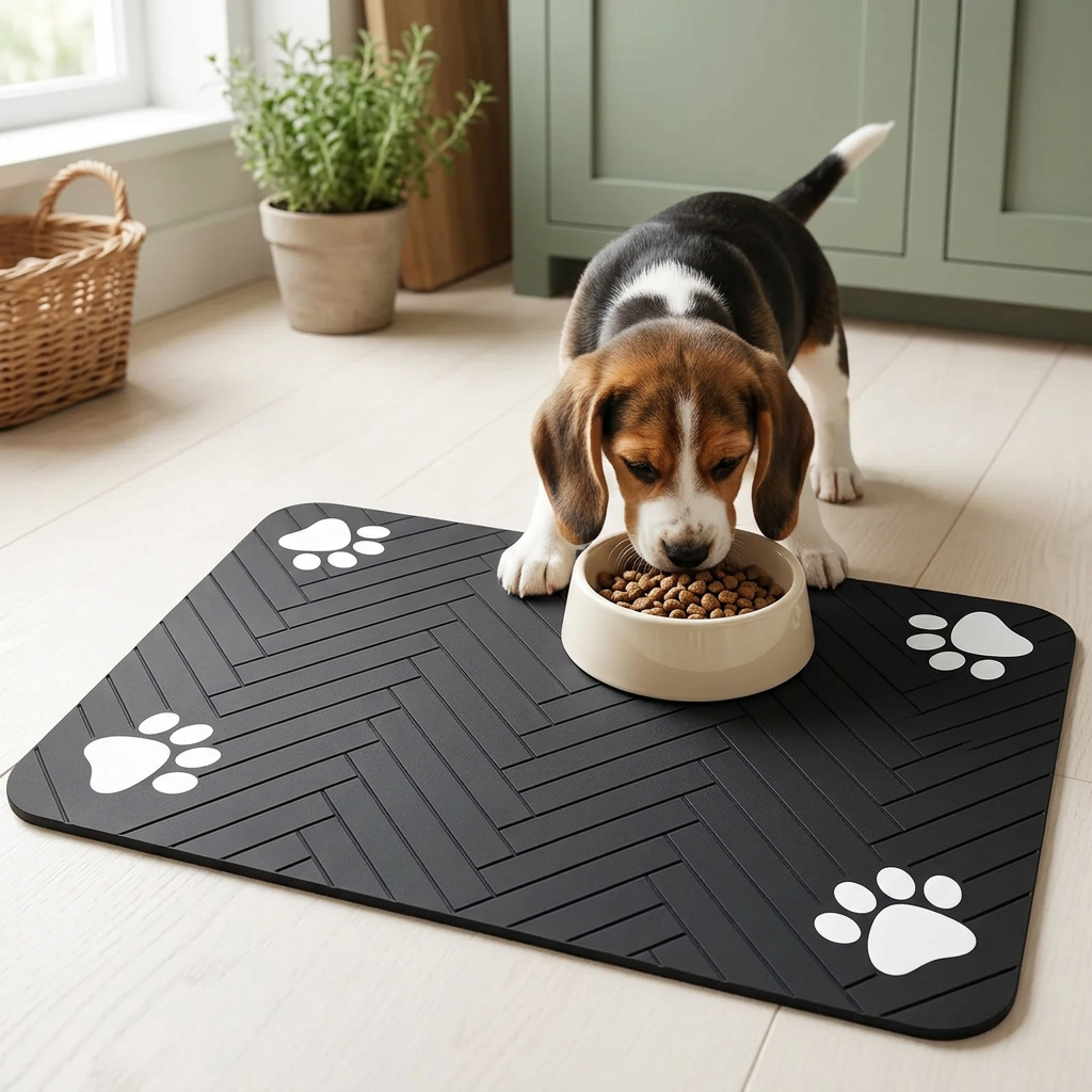 Beagle eating from a bowl on a black feeding mat; bowl not included