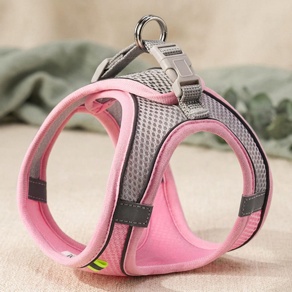 Pink mesh pet harness with padded edging and gray buckle